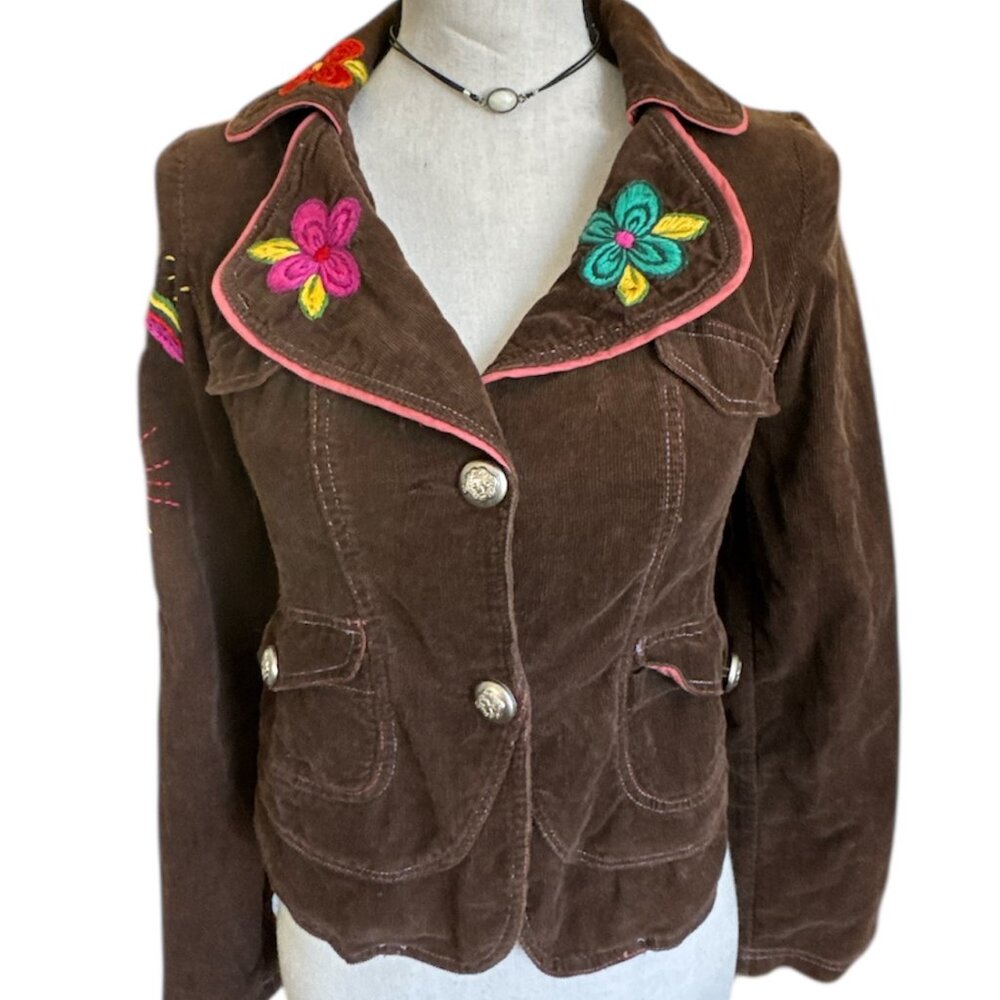 Miss Me Women's Brown Corduroy Embroidered Jacket - Small